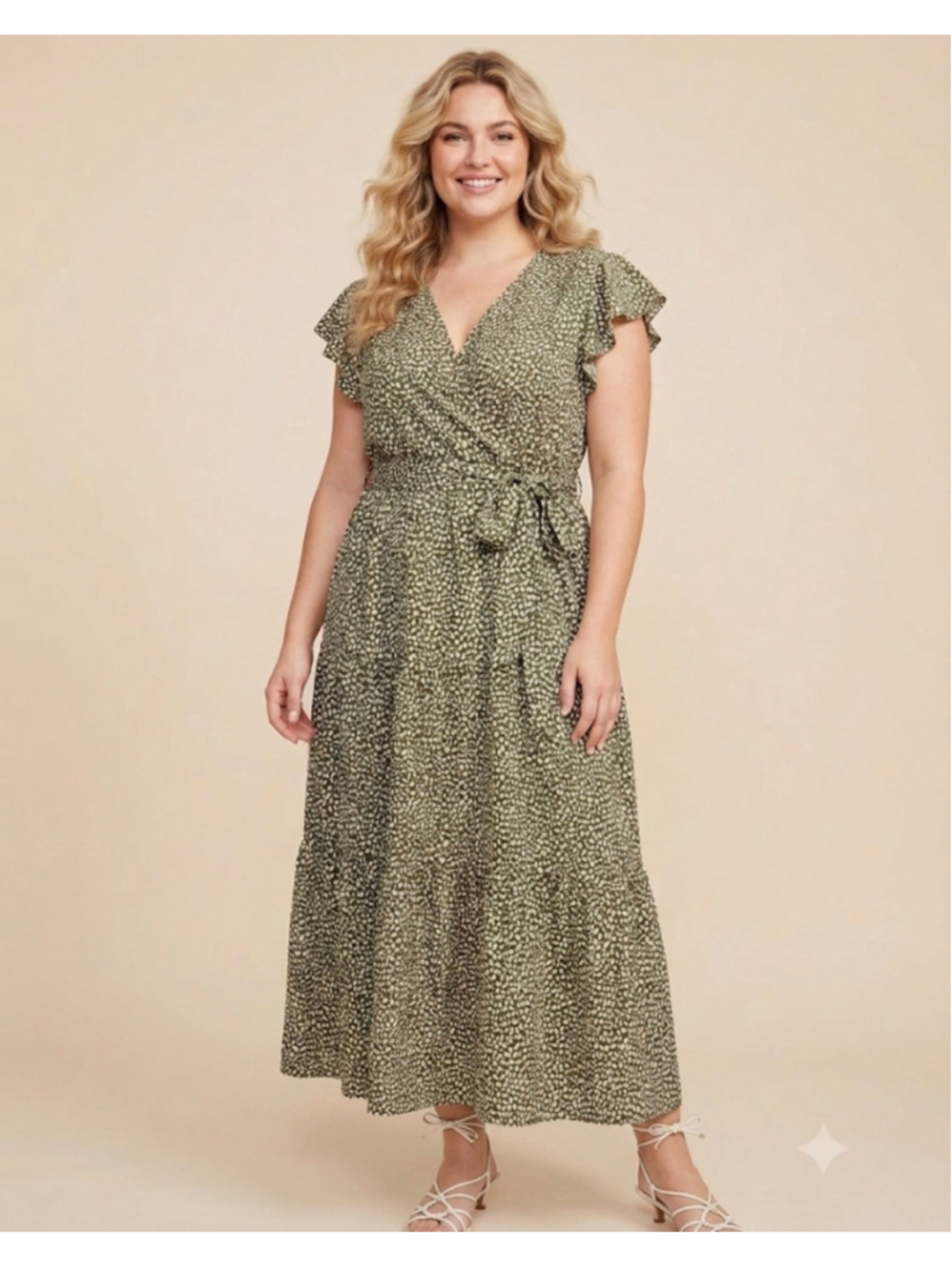 Fashion Midi Dress Size L Green White Patterned Tiered Style